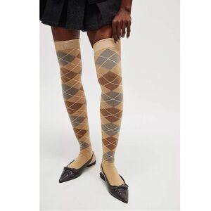 Free People Argyle Prep School Knee High Socks in Beige NWT Preppy Grunge Punk